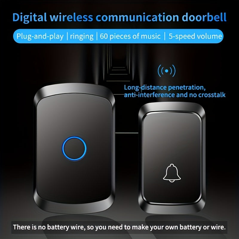 1pc Smart Wireless Doorbell with 304.8meter Range, 60 Chimes, 5 Volume Levels, 110dB Silent Mode, LED Indicator, Non-Rechargeable Battery, Plug-and-Play, European Plug