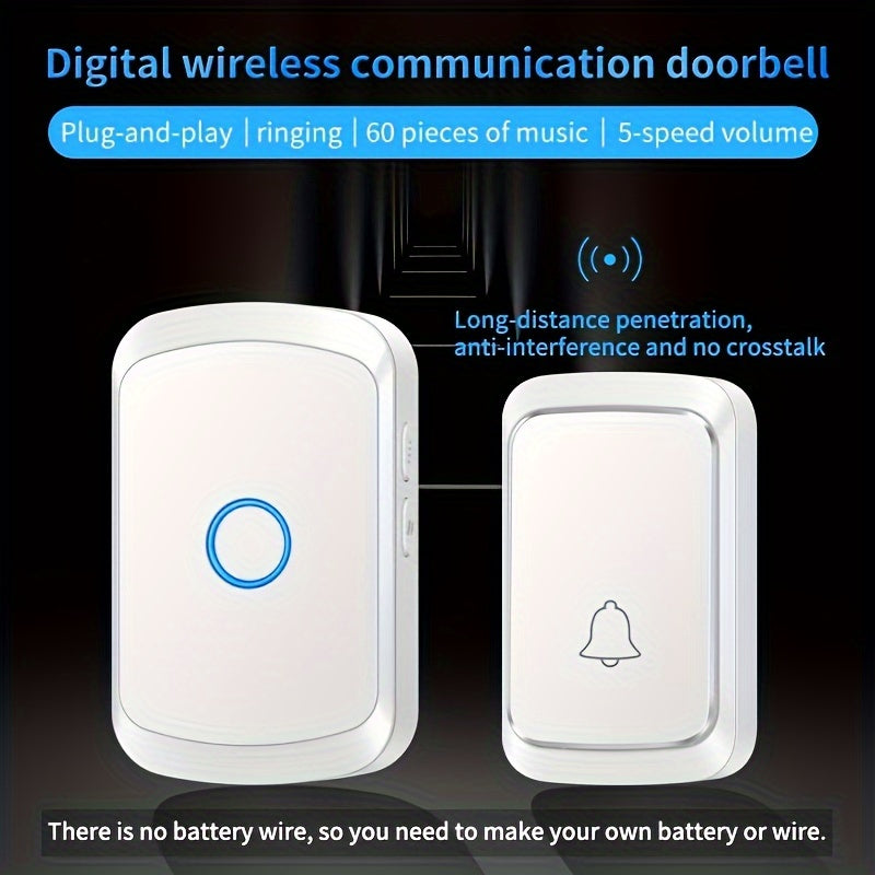 1pc Smart Wireless Doorbell with 304.8meter Range, 60 Chimes, 5 Volume Levels, 110dB Silent Mode, LED Indicator, Non-Rechargeable Battery, Plug-and-Play, European Plug