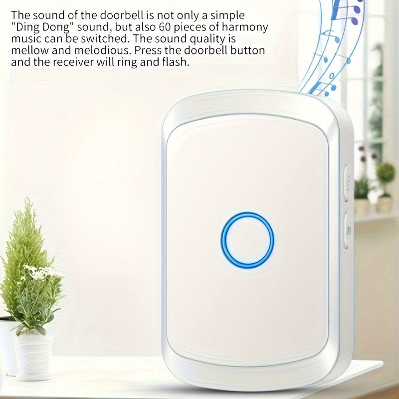 1pc Smart Wireless Doorbell with 304.8meter Range, 60 Chimes, 5 Volume Levels, 110dB Silent Mode, LED Indicator, Non-Rechargeable Battery, Plug-and-Play, European Plug